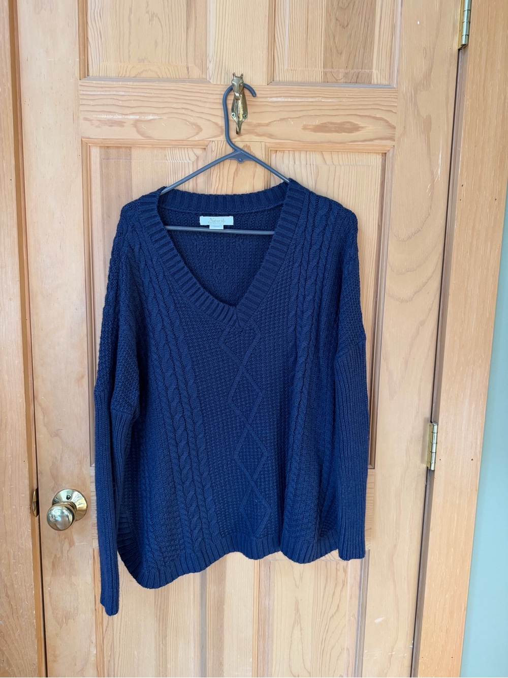 Natural Reflections Women's V-Neck Cable Knit Sweater - Navy Blue
